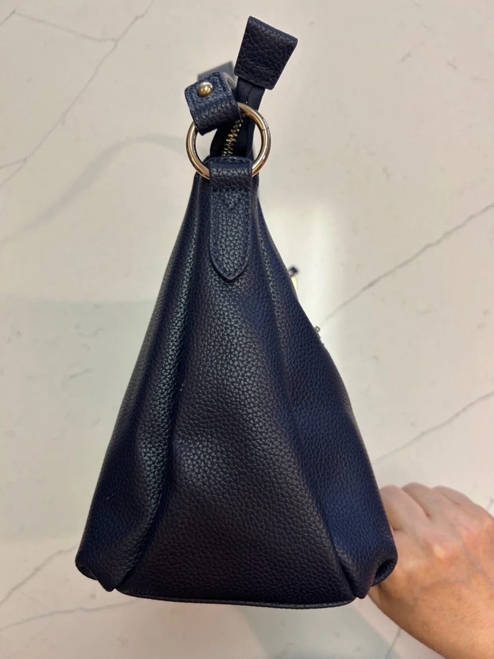 Bostanten Pebbled Navy Shoulder Bag with Gold Charm